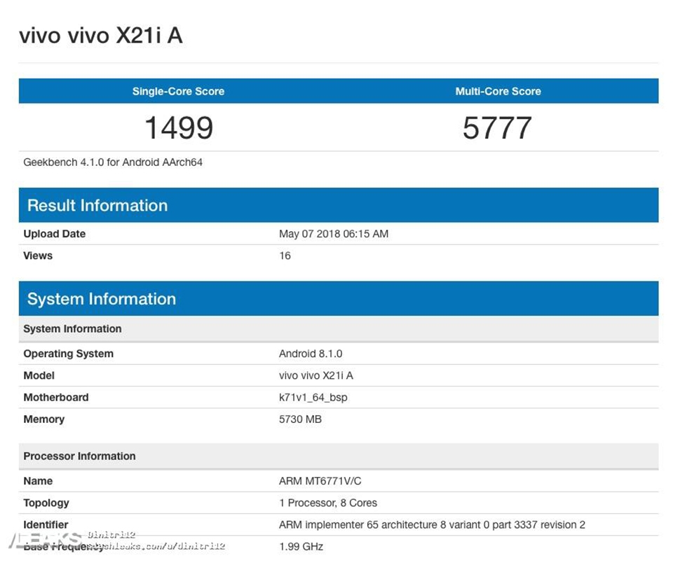 Vivo X21i xuất hiện trên Geekbench