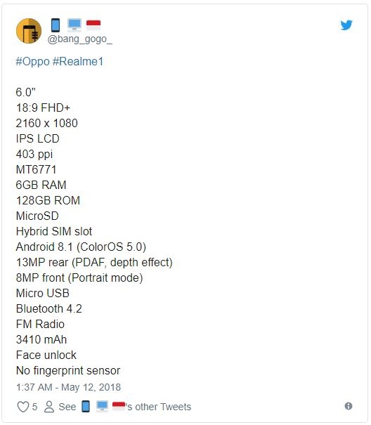 Thêm nguồn tin hé lộ cấu hình của OPPO Realme 1 2