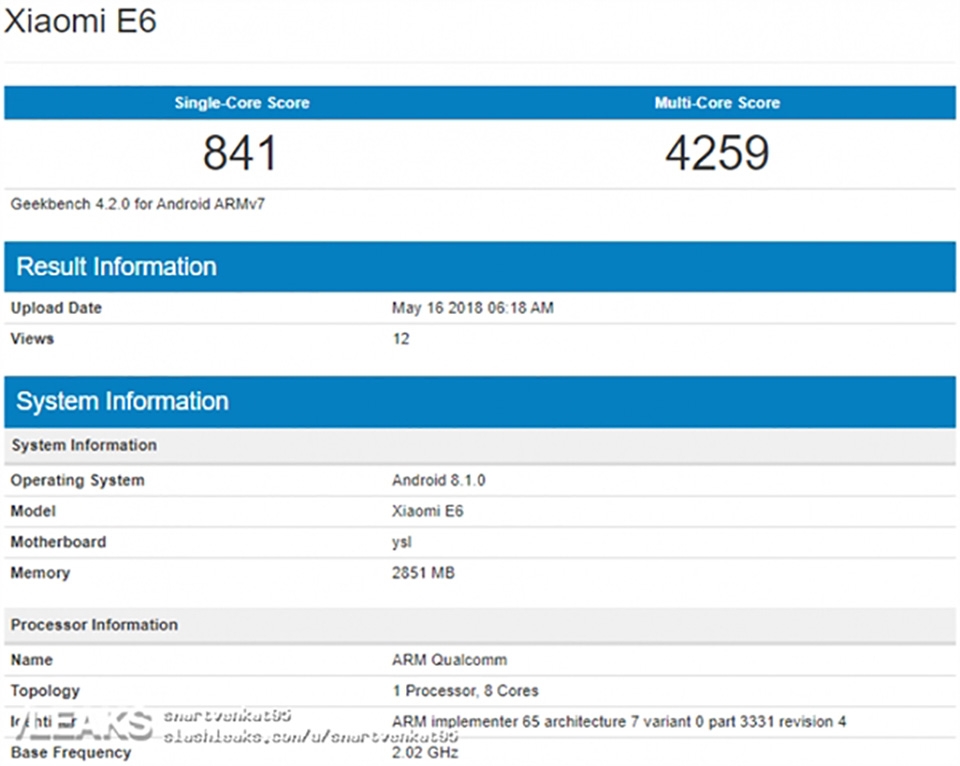 Xiaomi E6 xuất hiện trên Geekbench