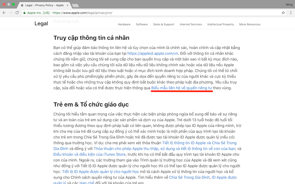Cách tải dữ liệu cá nhân mà Apple thu thập từ người dùng Chọn biểu mẫu liên hệ về quyền riêng tư.