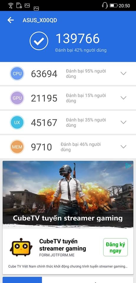 Điểm số khi đo bằng công cụ AnTuTu Benchmark.