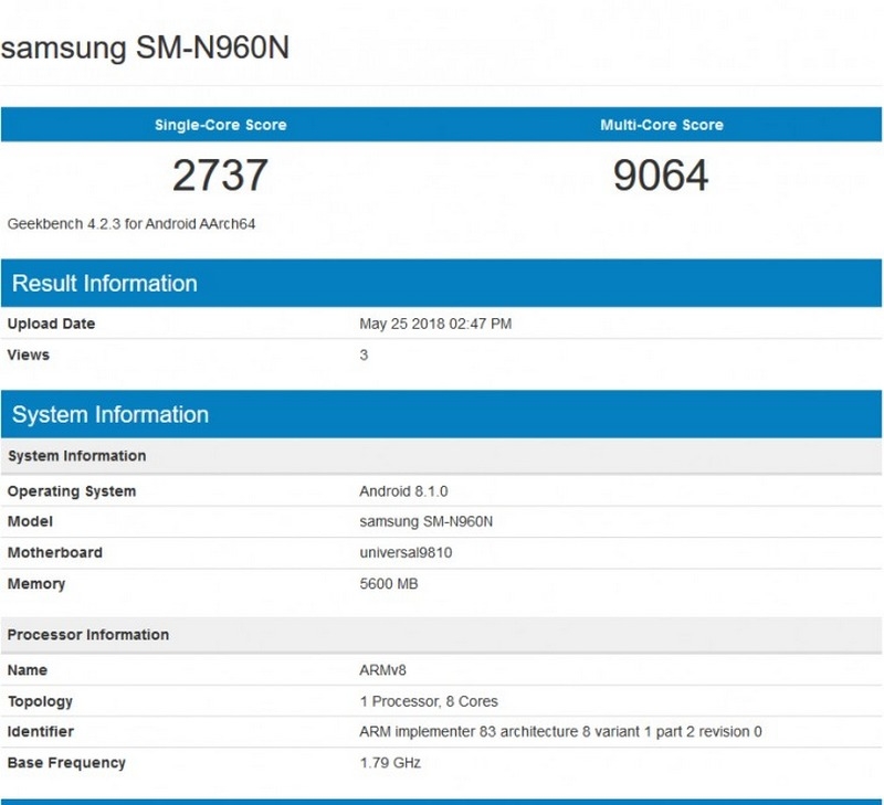 Galaxy Note 9 dùng chip Exynos 9810, RAM 6GB có mặt trên Geekbench Galaxy Note 9 dùng chip Exynos 9810, RAM 6GB có mặt trên Geekbench