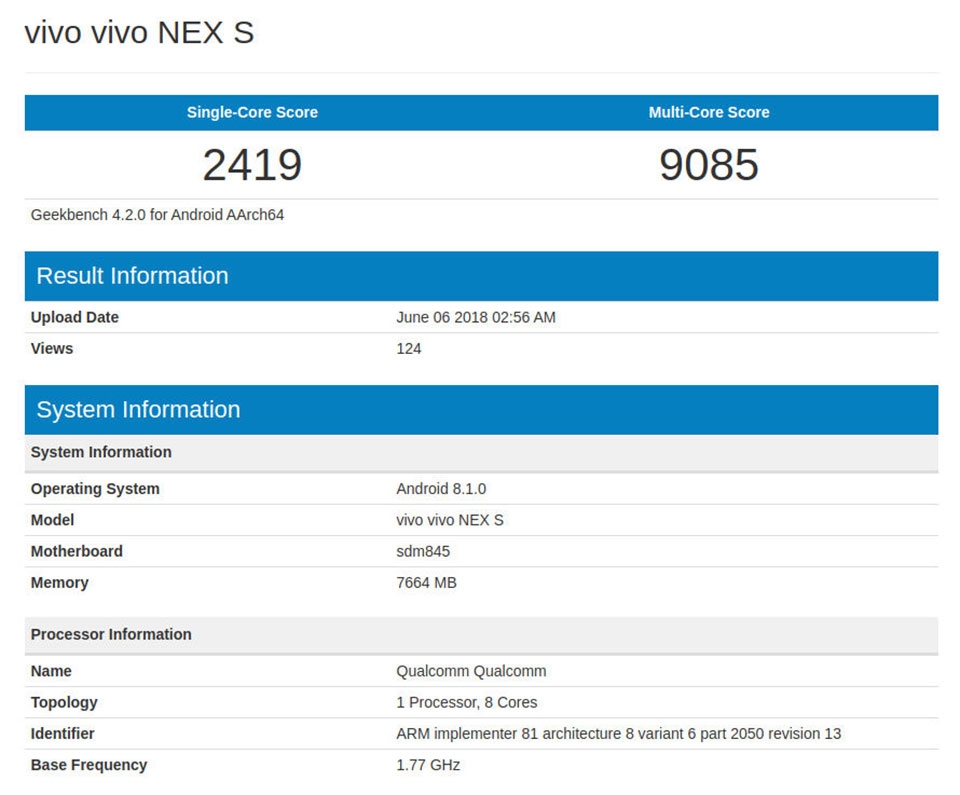 Vivo NEX S xuất hiện với cấu hình cực mạnh Vivo NEX S xuất hiện với cấu hình cực mạnh