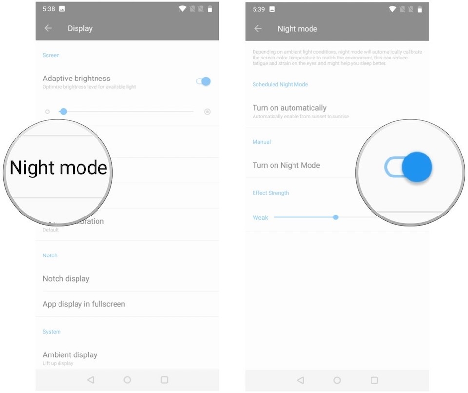 Gạt thanh màu xanhd dể kích hoạt Night Mode.
