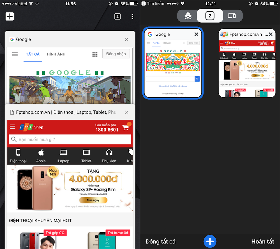 Quản lý các tab trên giao diện cũ (trái) và giao diện mới (phải).