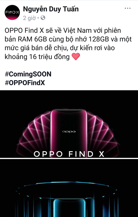 Nguồn tin từ Facebook đề cập giá bán của OPPO Find X tại Việt Nam Nguồn tin từ Facebook đề cập giá bán của OPPO Find X tại Việt Nam