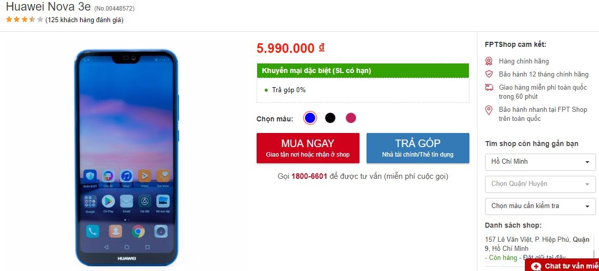 Huawei Nova 3e với camera kép, thiết kế màn hình tai thỏ giảm giá sốc