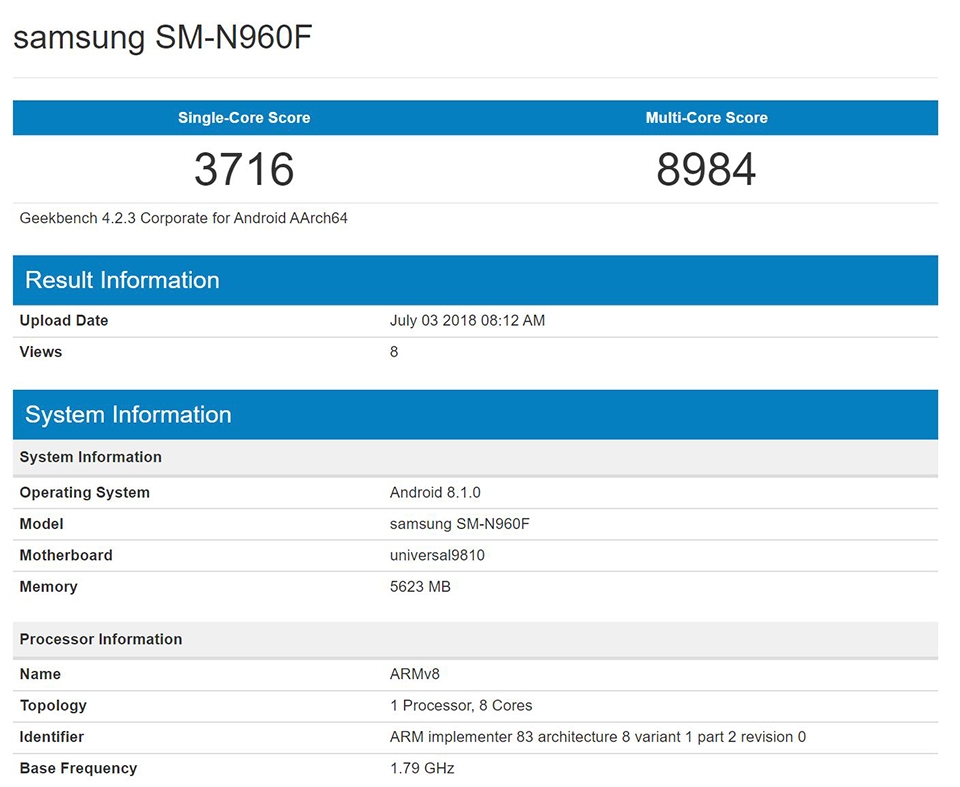 Galaxy Note 9 lộ cấu hình trên Geekbench