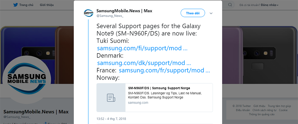 Galaxy Note 9 xuất hiện trên trang web hỗ trợ Samsung