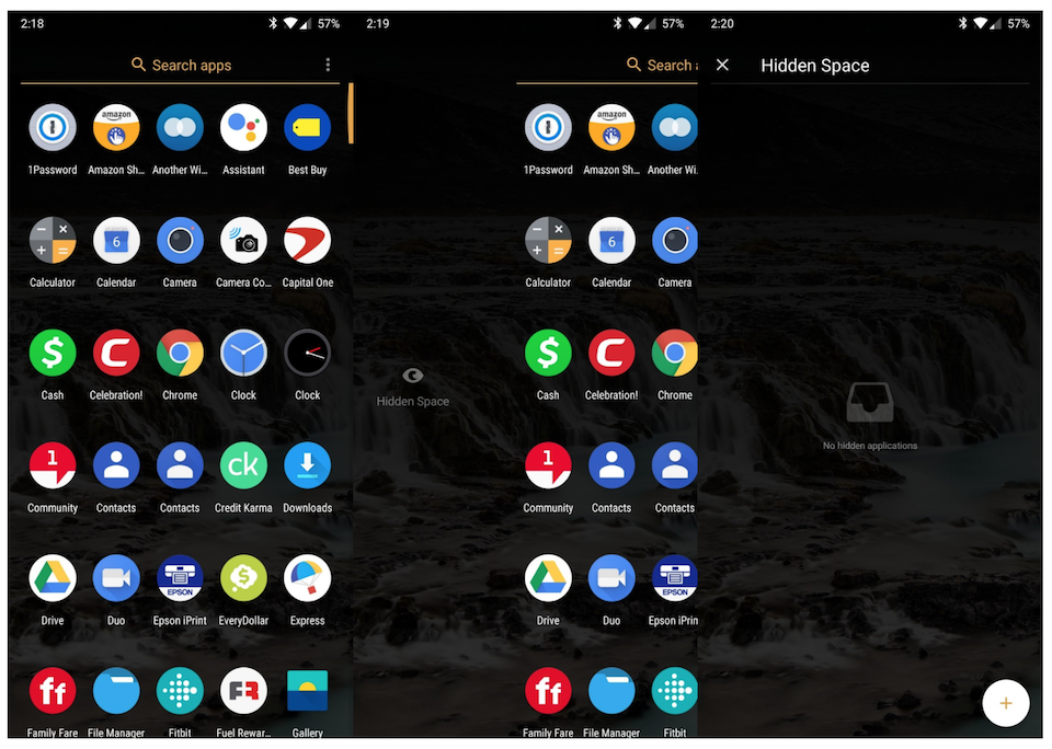 Ẩn ứng dụng với tính năng Hidden Space trên hệ điều hành OxygenOS Vuốt từ cạnh trái màn hình qua phải để vào giao diện Hidden Space.