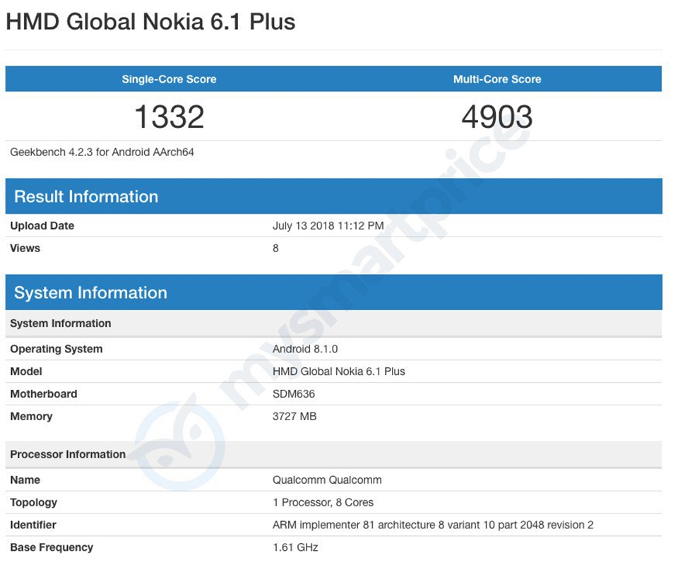 Nokia 6.1 Plus xuất hiện trên Geekbench Nokia 6.1 Plus xuất hiện trên Geekbench