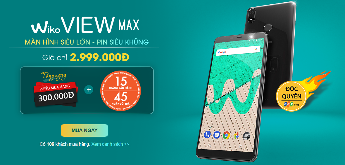 Wiko View Max giảm giá sập sàn chỉ còn 2,699 triệu đồng tại FPT Shop