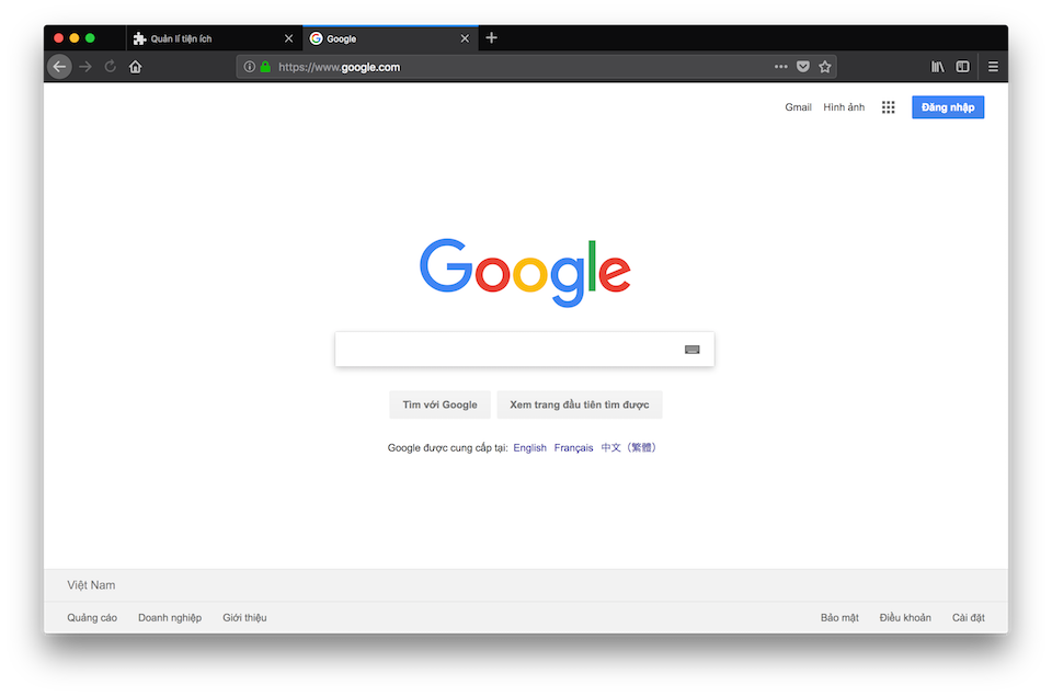Giao diện trình duyệt Firefox khi kích hoạt chế độ Dark Mode.