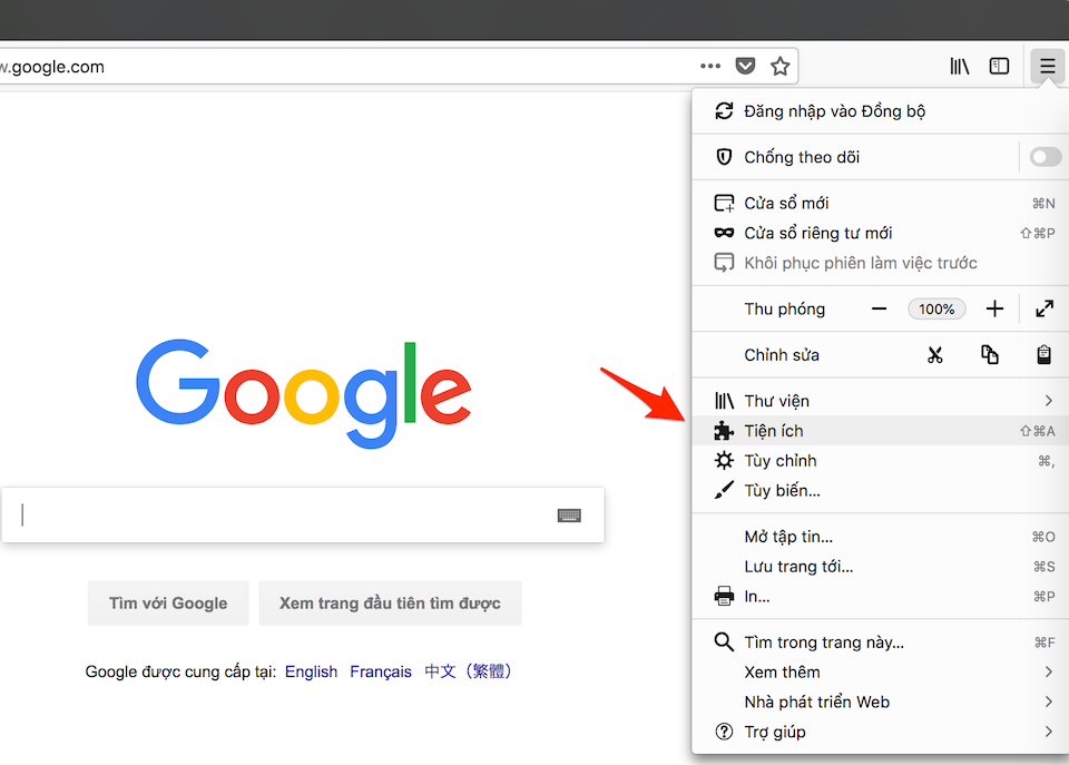Nhấn chọn "Tiện ích".