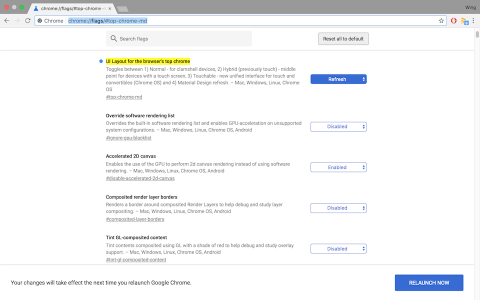 Làm mới giao trình duyệt Chrome bằng giao diện Google Canary Chọn Refresh và nhấn nút Relaunch Now.