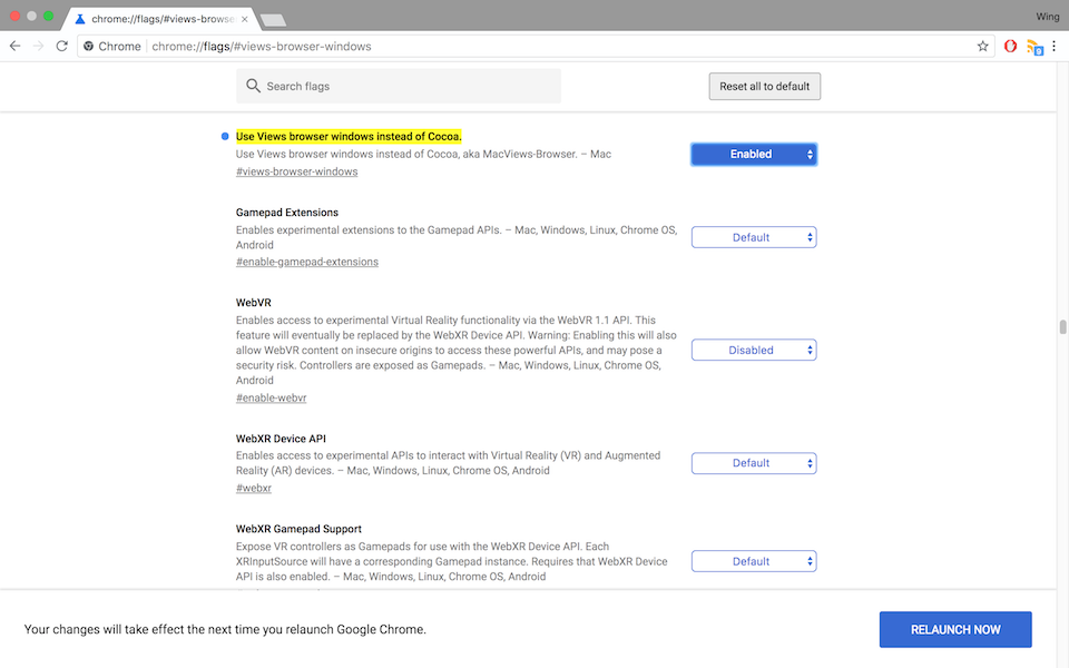 Làm mới giao trình duyệt Chrome bằng giao diện Google Canary Tiếp tục chọn Enabled và nhấn Relaunch Now.