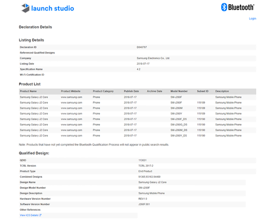 Galaxy J2 Core đạt chứng nhận Bluetooth Galaxy J2 Core đạt chứng nhận Bluetooth