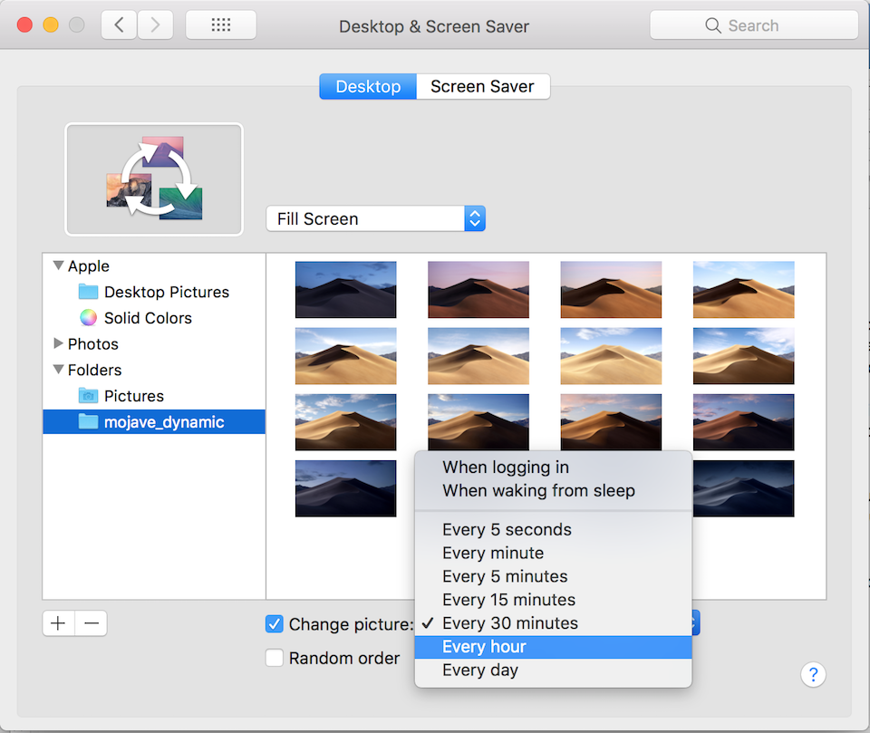Hướng dẫn tải và cài đặt hình nền macOS Mojave miễn phí Chọn Change picture và chọn khoảng thời gian tự động thay đổi hình nền.