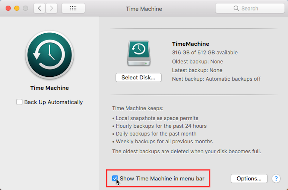 Nhấn chọn Show Time Machine in menu bar.