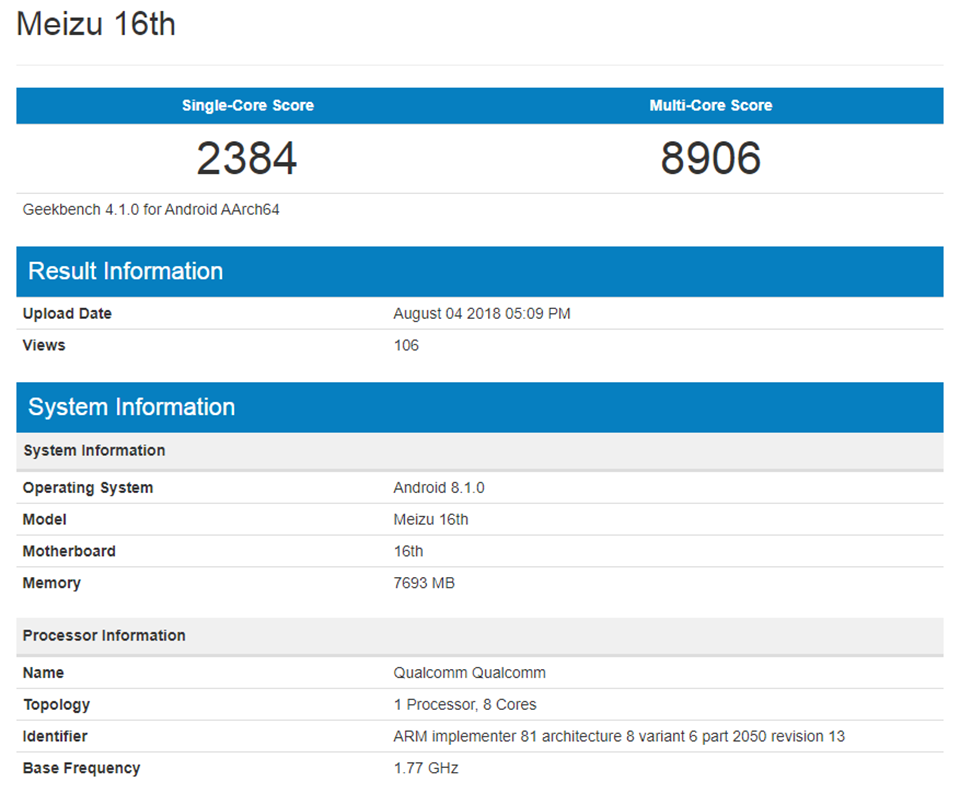 Meizu 16 lộ điểm hiệu năng trên Geekbench Meizu 16 lộ điểm hiệu năng trên Geekbench