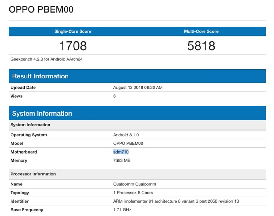 OPPO R17 Pro xuất hiện trên Geekbench OPPO R17 Pro xuất hiện trên Geekbench
