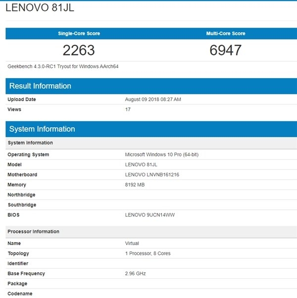 Rò rỉ điểm Benchmark của laptop Lenovo sử dụng snapdragon 850 Rò rỉ điểm Benchmark của laptop Lenovo sử dụng snapdragon 850