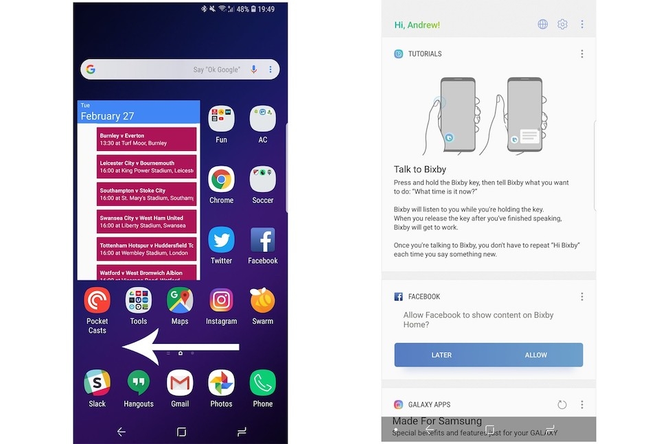 Cách vô hiệu hóa phím bấm trợ lý ảo Bixby trên smartphone Samsung Trượt sang trái để đến giao diện Bixby Home.