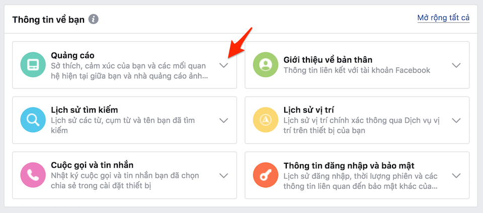 Nhấn nút mũi tên trong mục "Quảng cáo".