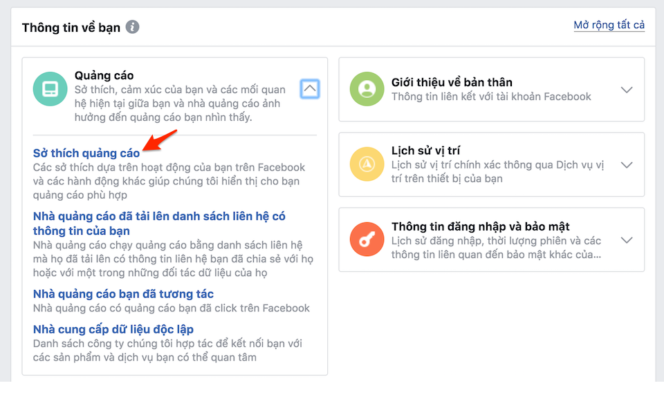 Nhấn chọn "Sở thích quảng cáo".