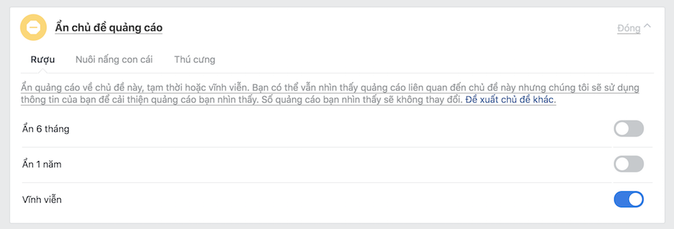 Bạn có thể ẩn vĩnh viễn 1 số chủ đề quảng cáo.