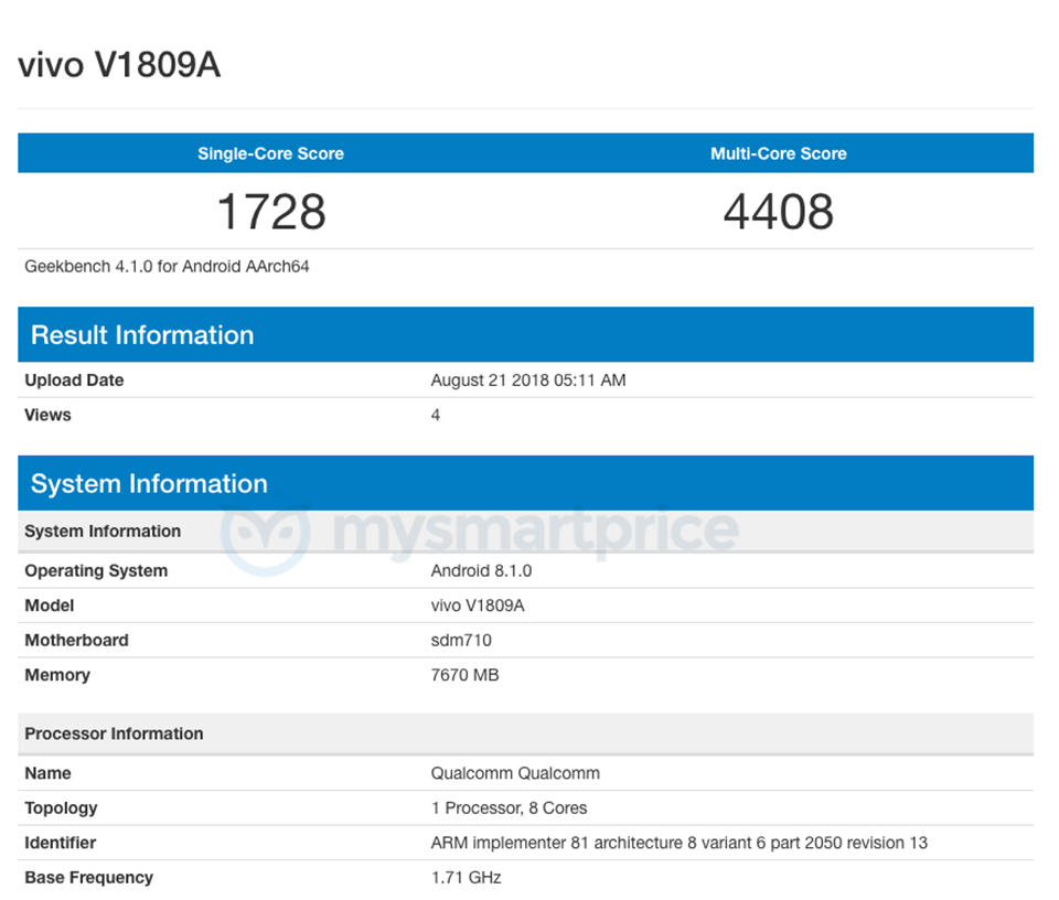 Vivo X23 xuất hiện trên Geekbench Vivo X23 xuất hiện trên Geekbench