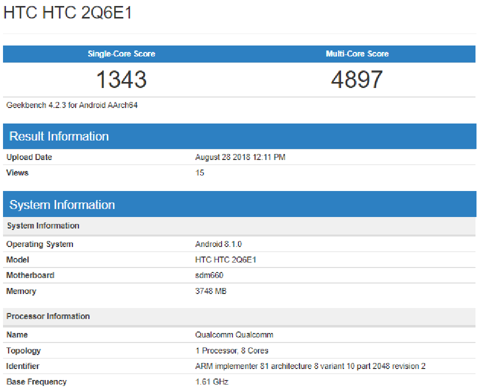 HTC U12 Life lộ cấu hình trên Geekbench HTC U12 Life lộ cấu hình trên Geekbench