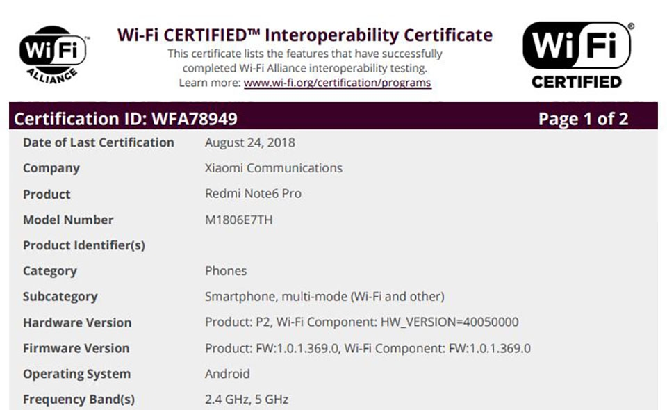 Xiaomi Redmi Note 6 Pro đạt chứng nhận Wifi