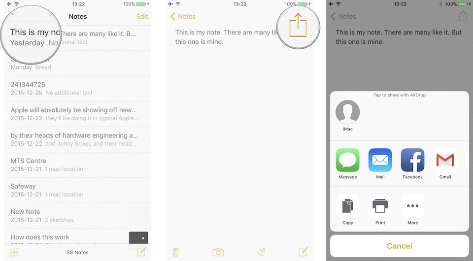 Chia sẻ ghi chú thông qua Facebook, Drive, Email,...