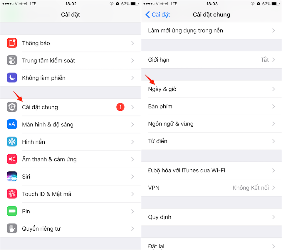 Khắc phục lỗi hiển thị thông báo cập nhật hệ điều hành iOS 12 Truy cập đến mục Ngày & giờ trong phần Cài đặt.