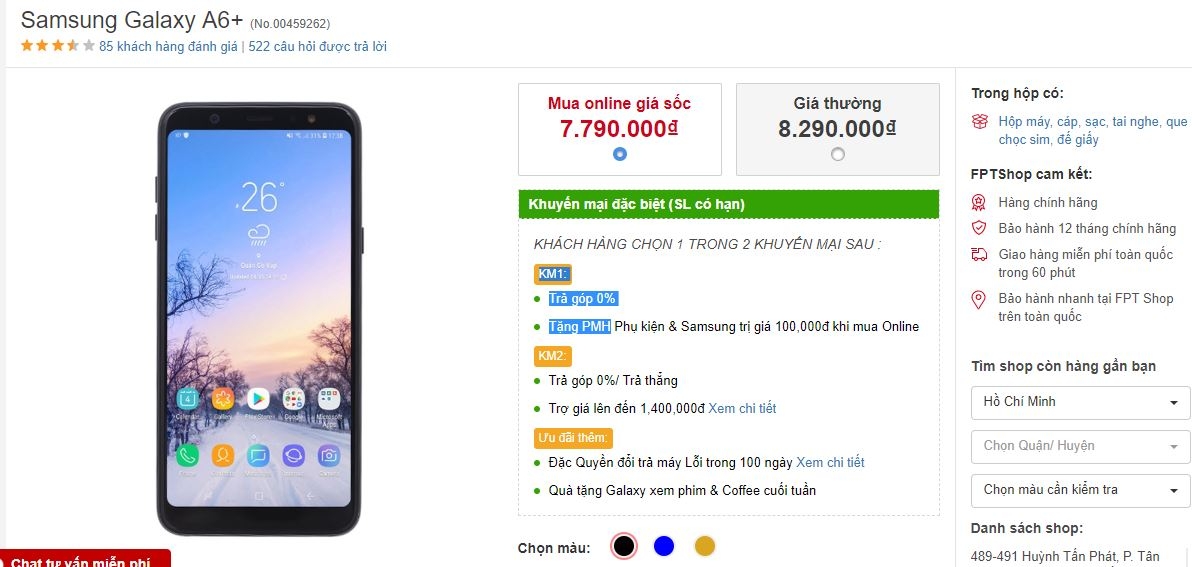 Galaxy A6+ màn hình tràn cạnh, camera kép 16MP giảm giá tại FPT Shop