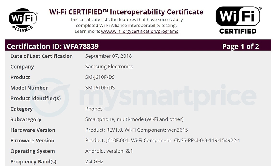 Galaxy J6 Prime đạt chứng nhận Wifi