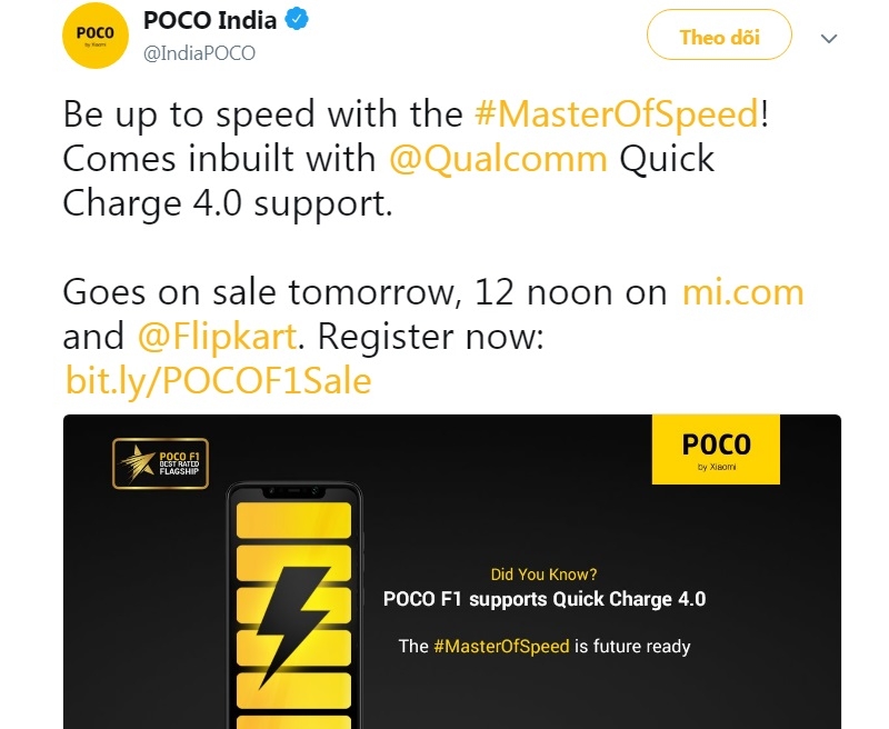 Poco F1 được hỗ trợ công nghệ sạc nhanh tiên tiến Quick Charge 4.0 2