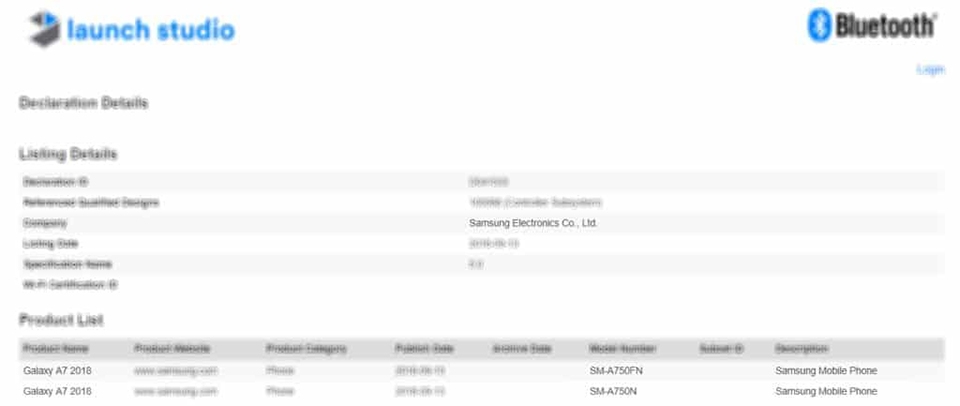 Galaxy A7 (2018) đạt chứng nhận Bluetooth Galaxy A7 (2018) đạt chứng nhận Bluetooth