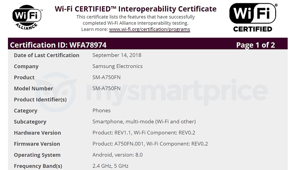 Galaxy A7 (2018) đạt chứng nhận Wifi Galaxy A7 (2018) đạt chứng nhận Wifi