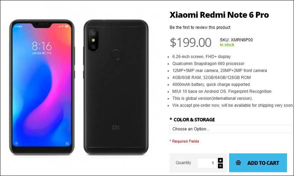 Redmi Note 6 Pro được liệt kê trên trang web bán hàng