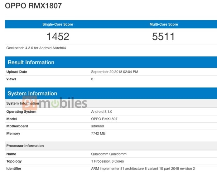 Realme 2 Pro xuất hiện trên Geekbench với chip Snapdragon 660 và 8GB RAM (ảnh 1)