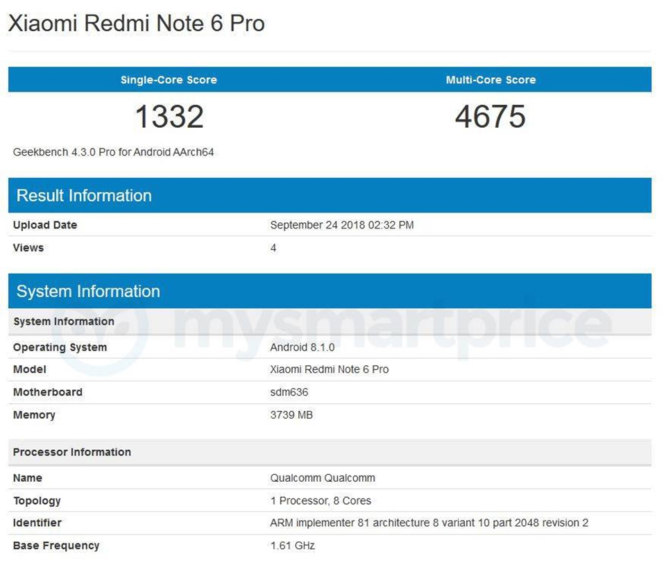 Xiaomi Redmi Note 6 Pro lộ cấu hình trên Geekbench
