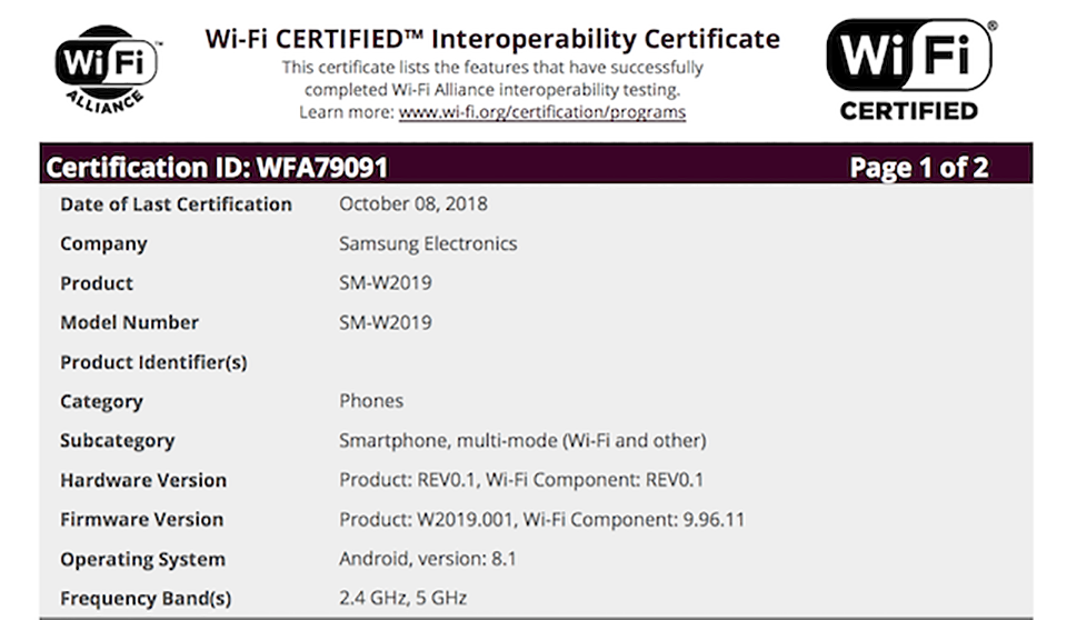 Samsung SM-W2019 đạt chứng nhận Wifi (ảnh 1) Samsung SM-W2019 đạt chứng nhận Wifi (ảnh 1)