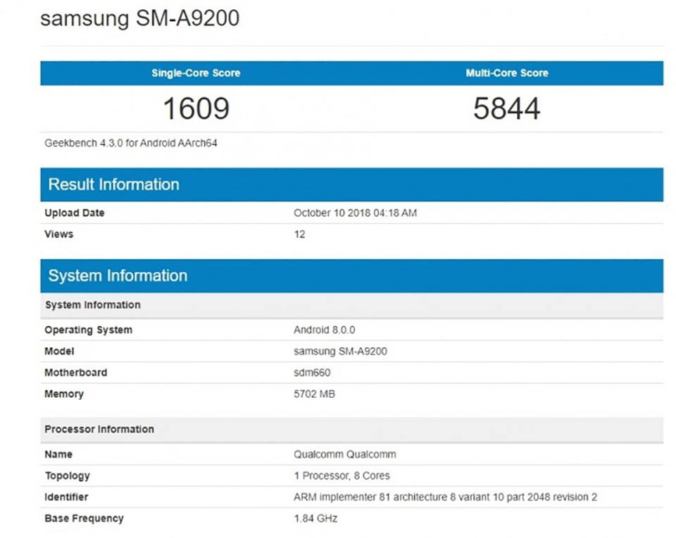 Galaxy A9s xuất hiện trên Geekbench (ảnh 1) Galaxy A9s xuất hiện trên Geekbench (ảnh 1)