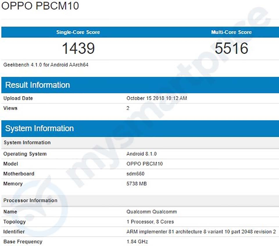 OPPO R15X lộ cấu hình trên Geekbench