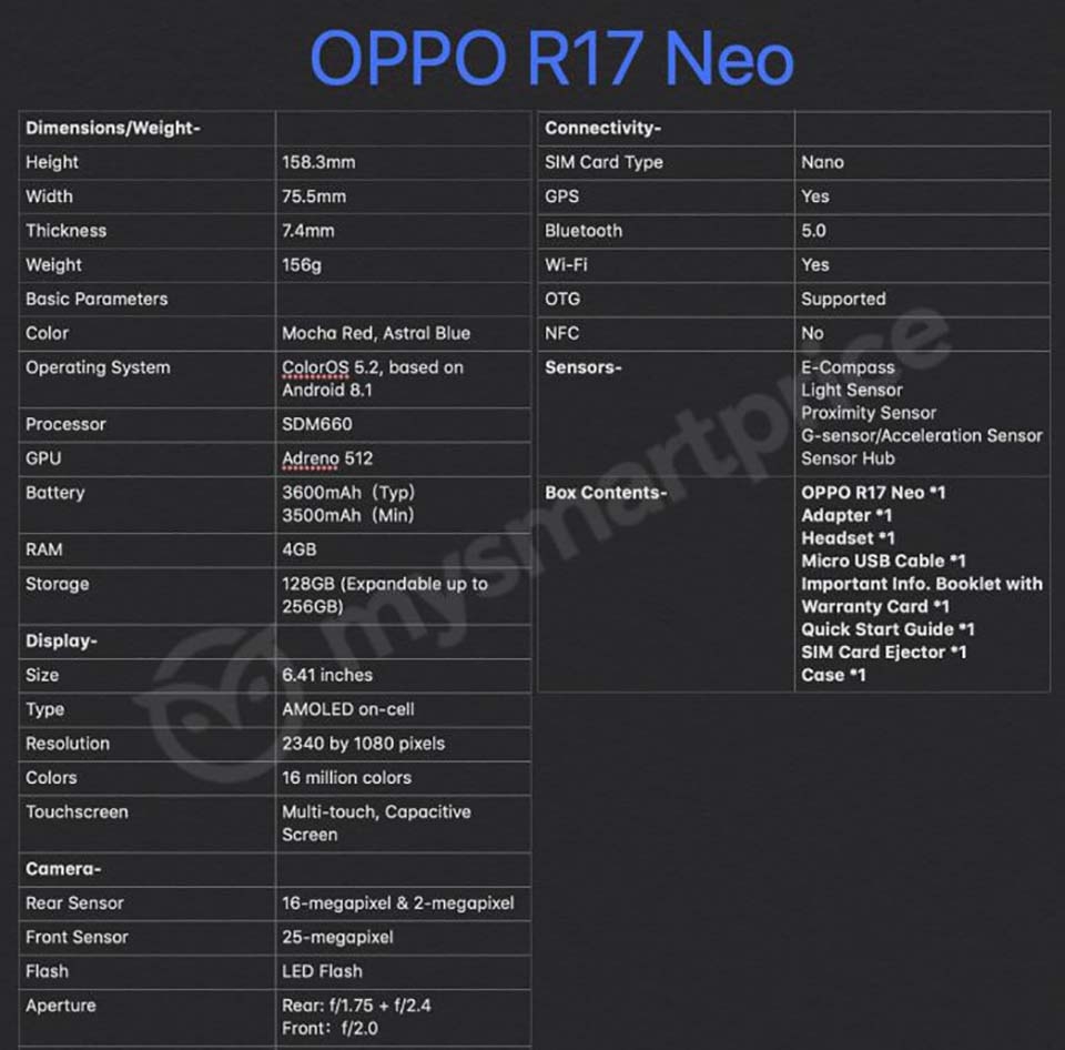 OPPO R17 Neo lộ cấu hình chi tiết