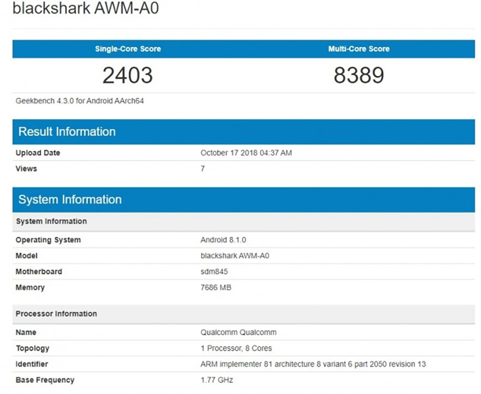 Black Shark 2 lộ cấu hình trên Geekbench Black Shark 2 lộ cấu hình trên Geekbench