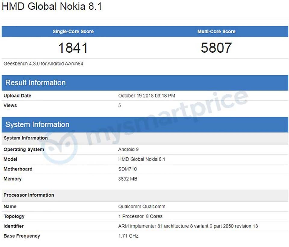 Nokia 8.1 lộ cấu hình trên Geekbenh Nokia 8.1 lộ cấu hình trên Geekbenh