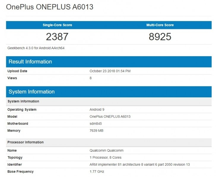 Cấu hình của OnePlus 6T rò rỉ thông qua GeekBench 2 Cấu hình của OnePlus 6T rò rỉ thông qua GeekBench 2
